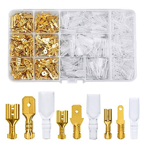 FIXITOK 480pcs Quick Splice 2.8/4.8/6.3mm Male and Female Wire Spade Connector Wire Crimp Terminal Block with Insulating Sleeve Assortment Kit for Electrical Wiring Car Audio Speaker (Golden)