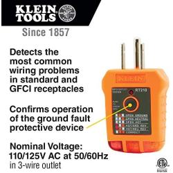 Klein Tools RT210 Outlet Tester, Receptacle Tester for GFCI / Standard North American AC Electrical Outlets, Detects Common Wiring Problems