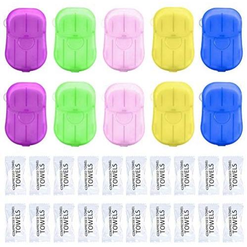 RUTICH 10 Boxes Mini Portable Travel Soap Paper Sheets with 20 Pcs Mini Compressed Towels Disposable Cleaning Hand Face Washing Paper Soap Set for Indoor Outdoor