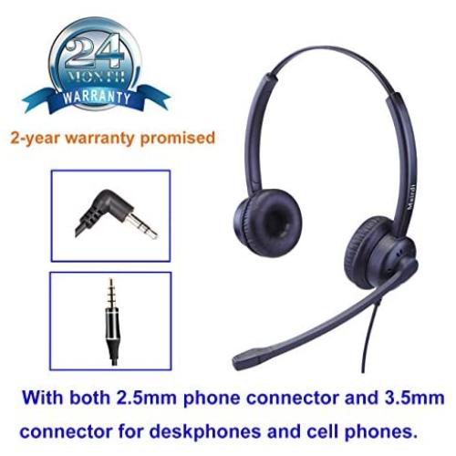 2.5mm Telephone Headset with Noise Canceling Mic for Panasonic, Including 3.5mm Connector for Cell Phone PC Laptop, CallCenter Office Headset for Cisco Vtech Undiden Cordless DECT for Polycom