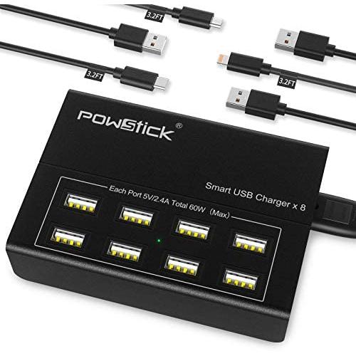 USB Charger Station, Powstick Desktop USB Charging Hub 8 Ports 60W 12A with Mixed Cables Multi Port Charging Block for iPhone 11 Pro Max XS XR 8 Plus, iPad Pro Air Mini, Galaxy S9 Edge Tablet & More
