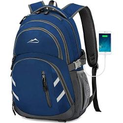 Backpack Bookbag for School College Student Business Travel with USB Charging Port Fit Laptop Up to 15.6 Inch Luggage Chest Straps Night Light Reflective (Blue)