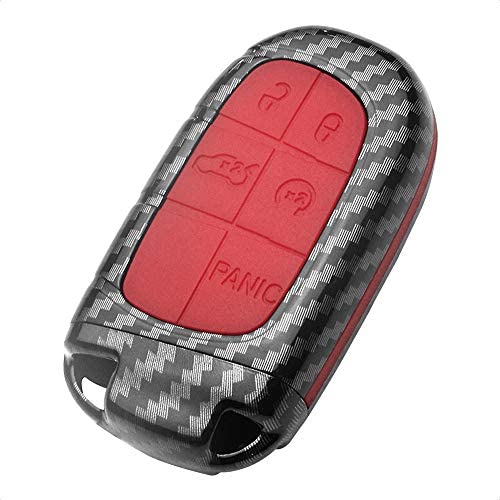 TANGSEN Smart Key Fob Case for DODGE RAM JEEP CHEROKEE 3 4 5 Button Keyless Entry Remote Personalized Protective Cover Plastic Carbon Fiber Pattern Red Silicone