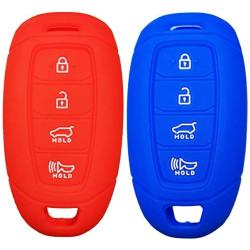 2Pcs Coolbestda 4buttons Key Fob Cover Skin Remote Case Keyless Entry Wallet Shell for Hyundai Kona Azera Grandeur IG Red Blue