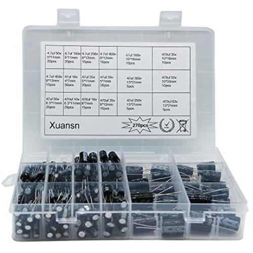 Capacitor 4.7uF 47uF 470uF 10V 16V 25V 50V 63V 100V 160V 200V 250V 400V 450V Electrolytic Capacitors Kit 18Value 270Pcs for Repair Household Appliances Communication Equipment Electronic Toy