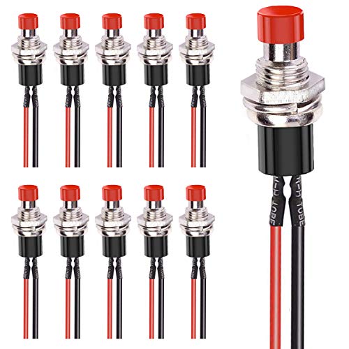 DaFuRui 10Pack Red 1A 250V AC 2 Pins SPST Normal Open Mini Momentary Push Button Switch with Pre-soldered Wires