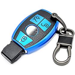 CTRINEWS for Mercedes Key Cover with Leather Keychain, Advanced Soft TPU Surface Leather Grain Key Fob Case for Classic Style Mercedes Benz Smart Key(Blue)