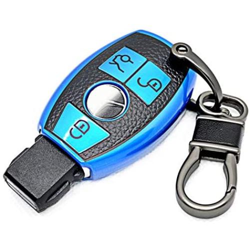 CTRINEWS for Mercedes Key Cover with Leather Keychain, Advanced Soft TPU Surface Leather Grain Key Fob Case for Classic Style Mercedes Benz Smart Key(Blue)
