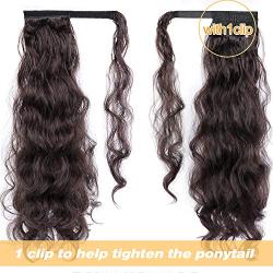 MORICA Long Wavy Ponytail Extension for Women,Curly Wavy Wrap Around Drawstring Magic Paste Ponytail,1pc Woman 26'' Long Synthetic Clip in Ponytail Hairpiece Messy Hair Extensions(Color: Black Brown)