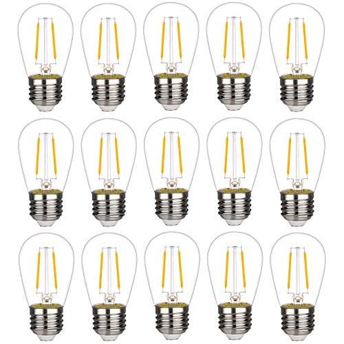 15 Pack-LED S14 Replacement Bulbs, LED Filament Bulb, 2W(20W Equivalent), Fits for Outdoor String Lights/Patio Lights, Warm 2700K, Dimmable, E26 Standard Screw Base, Clear Glass (2W-15 Pack)