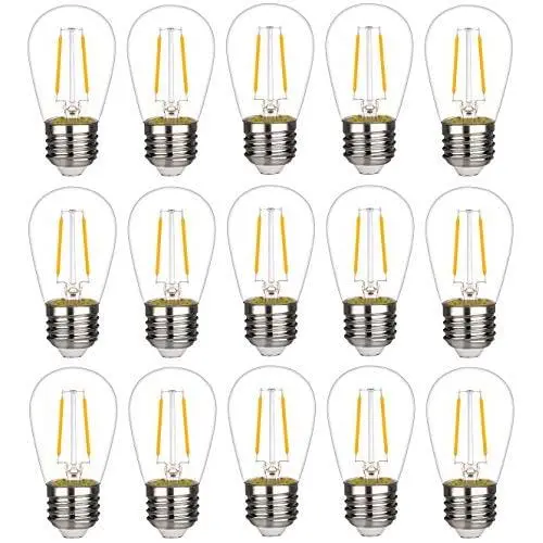 15 Pack-LED S14 Replacement Bulbs, LED Filament Bulb, 2W(20W Equivalent), Fits for Outdoor String Lights/Patio Lights, Warm 2700K, Dimmable, E26 Standard Screw Base, Clear Glass (2W-15 Pack)