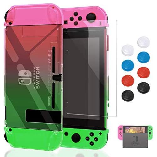 Case for Nintendo Switch, Fit The Dock Station, Protective Accessories Cover Case for Nintendo Switch and Joy Con Controller Dockable with a Tempered Glass Screen Protector, Pink & Green