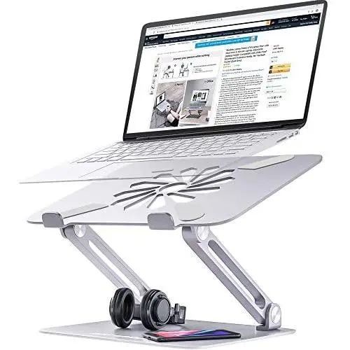 Skrebba Laptop Stand, EPN Laptop Riser with Heat-Vent to Elevate Laptop, Adjustable Ergonomic Desktop Laptop Stand Holder with Slide-Proof Silicone and Protective Hooks, for MacBook Pro/Air (Silver)