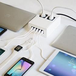 Power Hub 5 USB + 2 AC Charging Station | Built in Surge Protection | Attractive Dependable Table Side Charging Hub | White | Set of 4 Short Cords (Lightning)