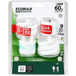 Feit Electric BPESL13T/GU24/2 900 Lumen Soft White Mini Twist GU24 CFL, Uses Up To 78% Less Energy, Compact Fluorescent, Average Life Up To 10000 Hours