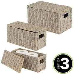 mDesign Natural Woven Water Hyacinth Closet Storage Organizer Basket Bin with Removeable Lids to use in Closet, Bedroom, Bathroom, Entryway, Office - Set of 3 - Gray Finish