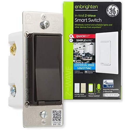 GE Enbrighten Z-Wave Plus Smart Light Switch, QuickFit & SimpleWire, Commercial 120/277VAC, Compatible with Alexa, Google Assistant, ZWave Hub & Neutral Wire Required, Dark Brown, 49183