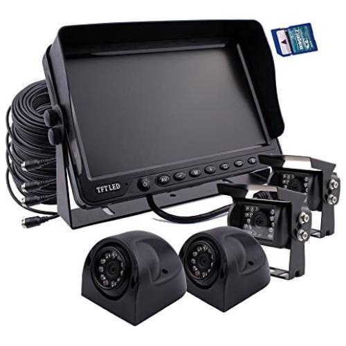 Camnex Car Backup Camera System 7 inch Monitor Build-in DVR Recorder with Quad Split Screen Rear View Camera System Kit 4 x Camera for Truck Van Caravan Trailers Camper Bus RV