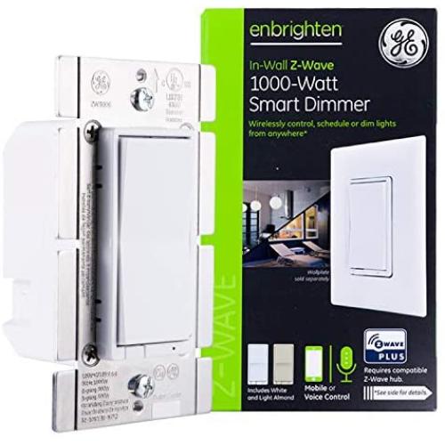 GE Enbrighten Z-Wave Plus 1000-Watt Smart Dimmer, No Neutral Wire Required, Halogen/Incandescent Bulbs Only, Works with Alexa/Google Assistant, ZWave Hub Required, White & Light Almond, 14299