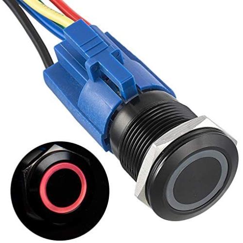 APIELE 19mm Latching Push Button Switch 12V DC Angel Eye Halo Ring LED Metal 0.74'' 1NO1NC SPDT with Wire Socket Plug (Red LED/Black Shell)