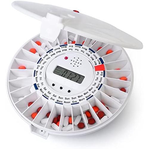 LiveFine Automatic Pill Dispenser, 28-Day Electronic Medication Organizer with Alerts, Flashing Light and Safety Latch - Dispenses Prescriptions Up To 6 Times Per Day - Solid White Lid OPEN BOX