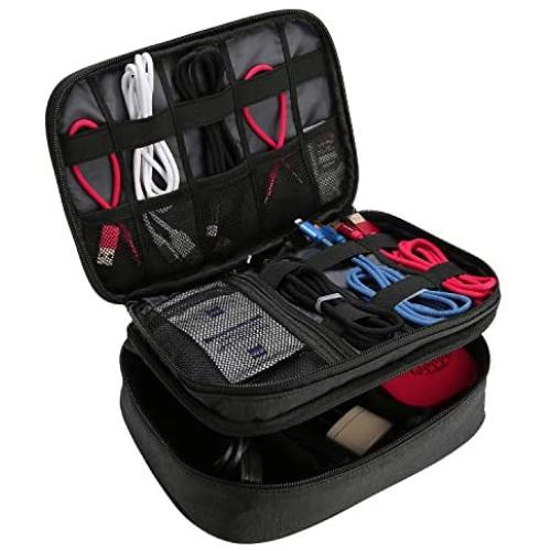 ProCase Electronics Travel Organizer Storage Bag, Double Layer Universal Traveling Gear Accessories Carrying Cover Pouch for iPad Mini Cables Phone Chargers Adapter Flash Hard Drive and More –Black