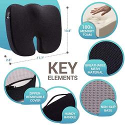 Seat Cushion Pillow for Office Chair - 100% Memory Foam Firm Coccyx Pad - Tailbone, Sciatica, Lower Back Pain Relief - Contoured Posture Corrector for Car, Wheelchair, Computer and Desk Chair