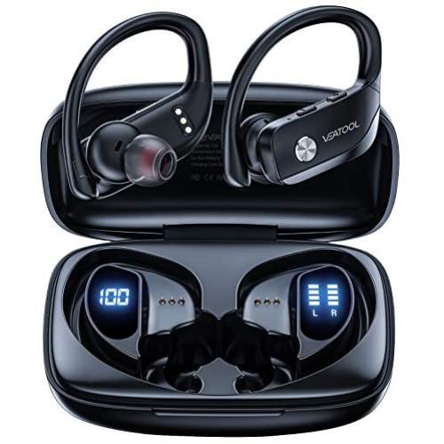 VEATOOL Wireless Earbuds Bluetooth Headphones 48hrs Playtime Sport Earphones with LED Display TWS Stereo Deep Bass Ear Buds with Earhooks Waterproof in-Ear Built-in Mic Headset for Running Workout