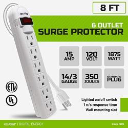 Digital Energy 6-Outlet Surge Protector Power Strip with 8-Ft Long Extension Cord, White, ETL Listed/UL Standard
