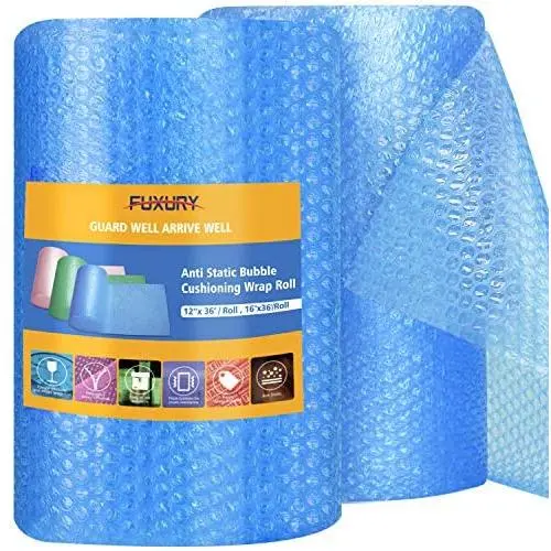 Fuxury Blue Anti-Static Bubble Cushioning Wrap Roll Air Bubble Roll 2 Rolls 72 Feet Total,Perforated Every 12'',Included 20 Fragile Sticker Labels for Packaging Moving Shipping Boxes Supplies