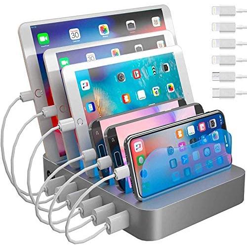 Hercules Tuff Charging Station for Multiple Devices, with 6 USB Fast Ports and 6 Short Mixed USB Cables Included for Cell Phones, Smart Phones, Tablets, and Other Electronics, Silver