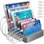 Hercules Tuff Charging Station for Multiple Devices, with 6 USB Fast Ports and 6 Short Mixed USB Cables Included for Cell Phones, Smart Phones, Tablets, and Other Electronics, Silver