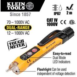 Klein Tools NCVT3P Dual Range Non Contact Tester with Flashlight, 12-1000V AC for Standard and Low Voltage with 2m Drop Protection