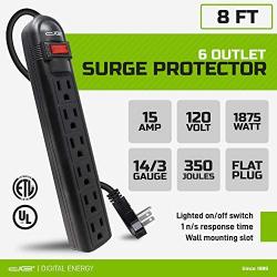 Digital Energy 6-Outlet Surge Protector Power Strip with 8 Foot Long Extension Cord, Black, Flat Plug, ETL Listed/UL Standard