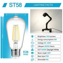Ascher Vintage LED Edison Bulbs, 6W, Equivalent 60W, High Brightness Daylight White 4000K, ST58 Antique LED Filament Bulbs, E26 Medium Base, Non Dimmable, Clear Glass, Pack of 6