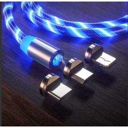 3 in 1 Magnetic Charging Cable LED Flowing Shining Blue Cord Light Up Candy Moving Party Streamer Absorption USB Compatible with Mirco USB Android, Type C Smartphone and iOS Devices