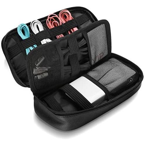 ProCase Travel Electronics Cable Organizer Bag, Double Layer Thicken Portable Gadget Accessories Multifunction Carrying Case Pouch for Cords USB SD Memory Cards Earphones Power Bank Hard Drive –Black