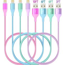 Lightning Cable 4Pack(10/6/6/3ft) 4Colors iPhone Charger MFi Certified Nylon Braided Long Fast USB Cord HaoKanDe Compatible for iPhone11 Pro MAX Xs XR X 8 7 6S 6 Plus SE 5S 5C(Blue Green Purple Pink)