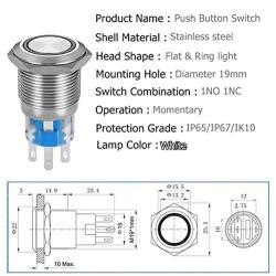 Quentacy Momentary Push Button Switch 1NO1NC Waterproof Silver Stainless Steel Shell 12V LED Ring Illuminated Switch with Wire Socket Plug Suitable for 19mm 3/4 Mounting Hole (White)