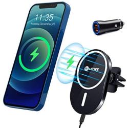 WAITIEE Magnetic Wireless Car Charger Compatible with iPhone 12/12 Pro/ 12 Pro Max/ 12 Mini with QC3.0 Adapter 15W/ 10W/ 7.5W/ 5W Fast Wireless Car Charger Mount with Secure Air Vent Clamp (Black)