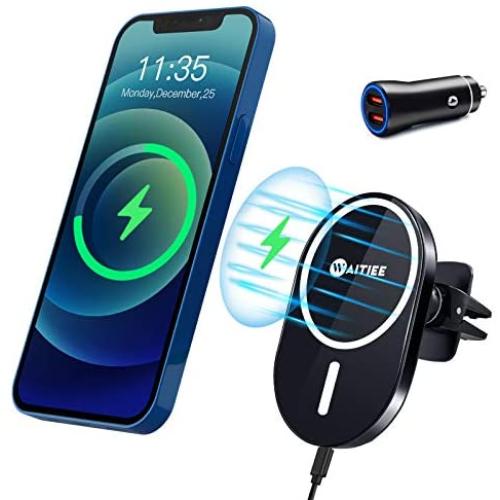 WAITIEE Magnetic Wireless Car Charger Compatible with iPhone 12/12 Pro/ 12 Pro Max/ 12 Mini with QC3.0 Adapter 15W/ 10W/ 7.5W/ 5W Fast Wireless Car Charger Mount with Secure Air Vent Clamp (Black)