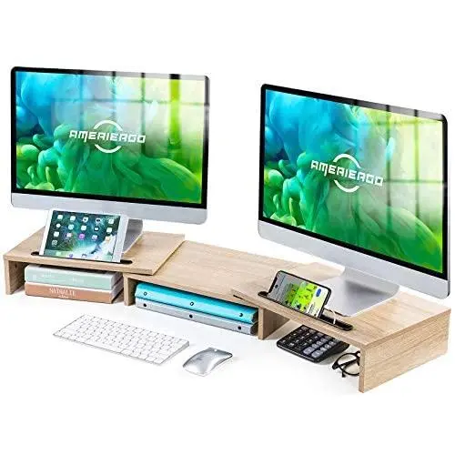 AMERIERGO Dual Monitor Stand Riser- 3 Shelf Screen Stand with Adjustable Length and Angle, 2 Extra Functional Slot Desktop Organizer Stand for PC, Computer, Laptop (Light Wood)