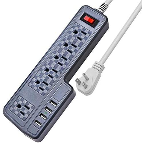 Mountable Surge Protector Power Strip JACKYLED 9.8ft 6 Outlets 4 USB Ports Electric Power Outlet with Right Angle Flat Plug Electric Long Extension Cord Power Charging Station for Home Office Gray