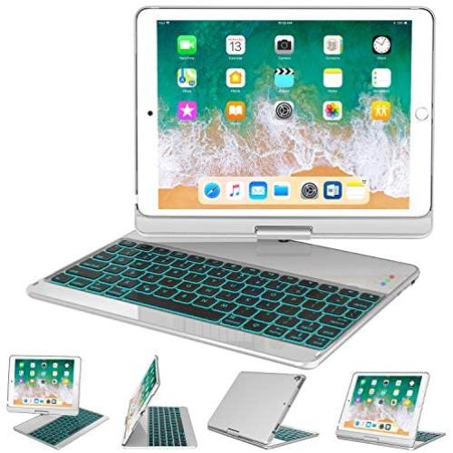 iPad Keyboard Case 9.7 for iPad 2018 (6th Gen) - 2017 (5th Gen) - iPad Pro 9.7 - iPad Air 2 & 1, 7 Color Backlit Keyboard Case/360 Rotate Wireless/BT Keyboard Case with Auto Sleep/Wake (Silver)