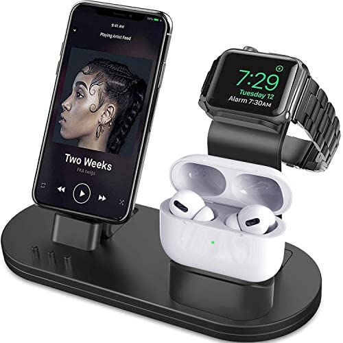 OLEBR 3 in 1 Charging Stand Compatible with iWatch Series 6/SE/5/4/3/2/1, AirPods Pro and iPhone Series 12/11 Series/Xs/X Max/XR/X/8/ 8P/7/7P/6S/6S Plus(Original Charger & Cables Required) Black