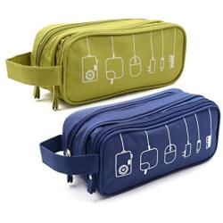 HONSKY 2 Set Medium Water Repellent Travel Electronics Accessories Gadget Cable Cord Organizer, Hanging Cosmetic Makeup Toiletry Space Storage Bags Cases Pouch for Kids Women Men, Green & Dark Blue