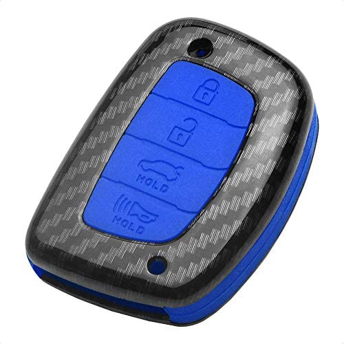 TANGSEN Smart Key Fob Case for HYUNDAI ELANTRA GT TUCSON 4 Button Keyless Entry Remote Black Carbon Fiber Pattern ABS Blue Silicone Cover