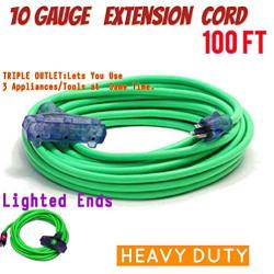 10 Gauge Triple Tap Extension Cord 100 ft with Lighted Ends 10/3 Contractor Grade 100 ft 10 Gauge Power Extension Cord 10/3 Plug Heavy Duty Indoor Outdoor Triple Outlet (100 ft 10 AWG Copper, Green)