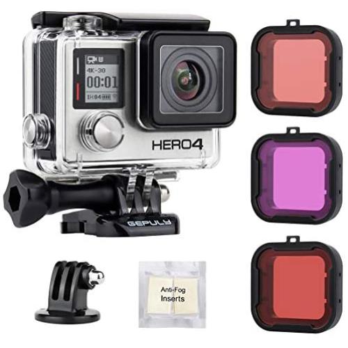 GEPULY Standard Waterproof Housing Case with Dive Filters for GoPro Hero 4, Hero 3+, Hero3 Action Cameras - 147 ft (45M) Underwater Photography - with Red, Light Red, Magenta Filters