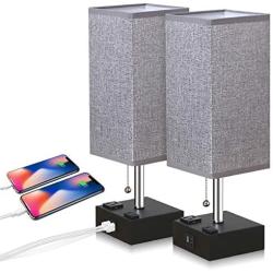 ZEEFO USB Table Lamp, Gray Square Fabric Shade Bedside Table Lamp with Two AC Outlet & Dual USB Charging Ports, Modern Design Desk Lamp Ideal for Bedroom,Office,Guest Room, Kids Room (Set of 2)